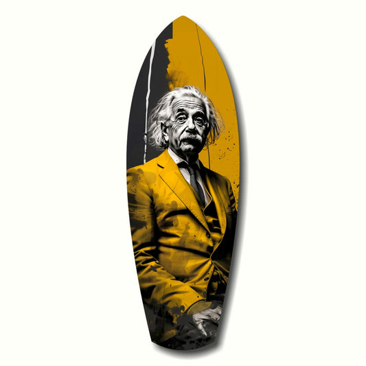 Surfboard-shaped glass wall art featuring a black and white portrait of Albert Einstein in a yellow suit against a golden and black background.