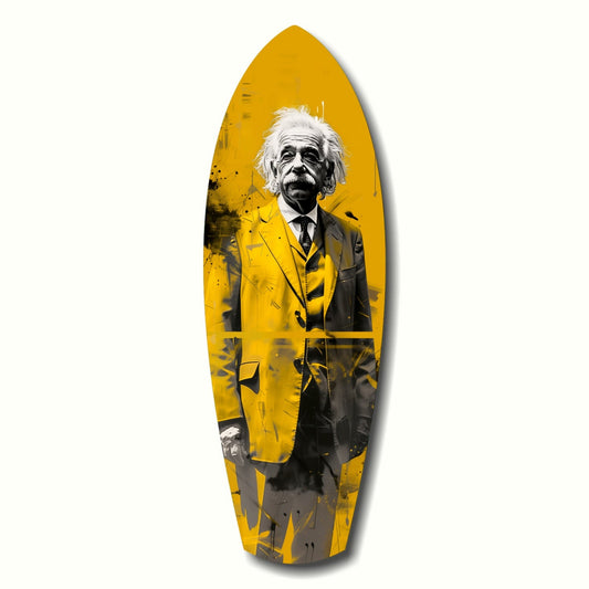 Yellow surfboard-shaped glass art featuring a black and white portrait of an elderly man in formal attire against a bright yellow background.