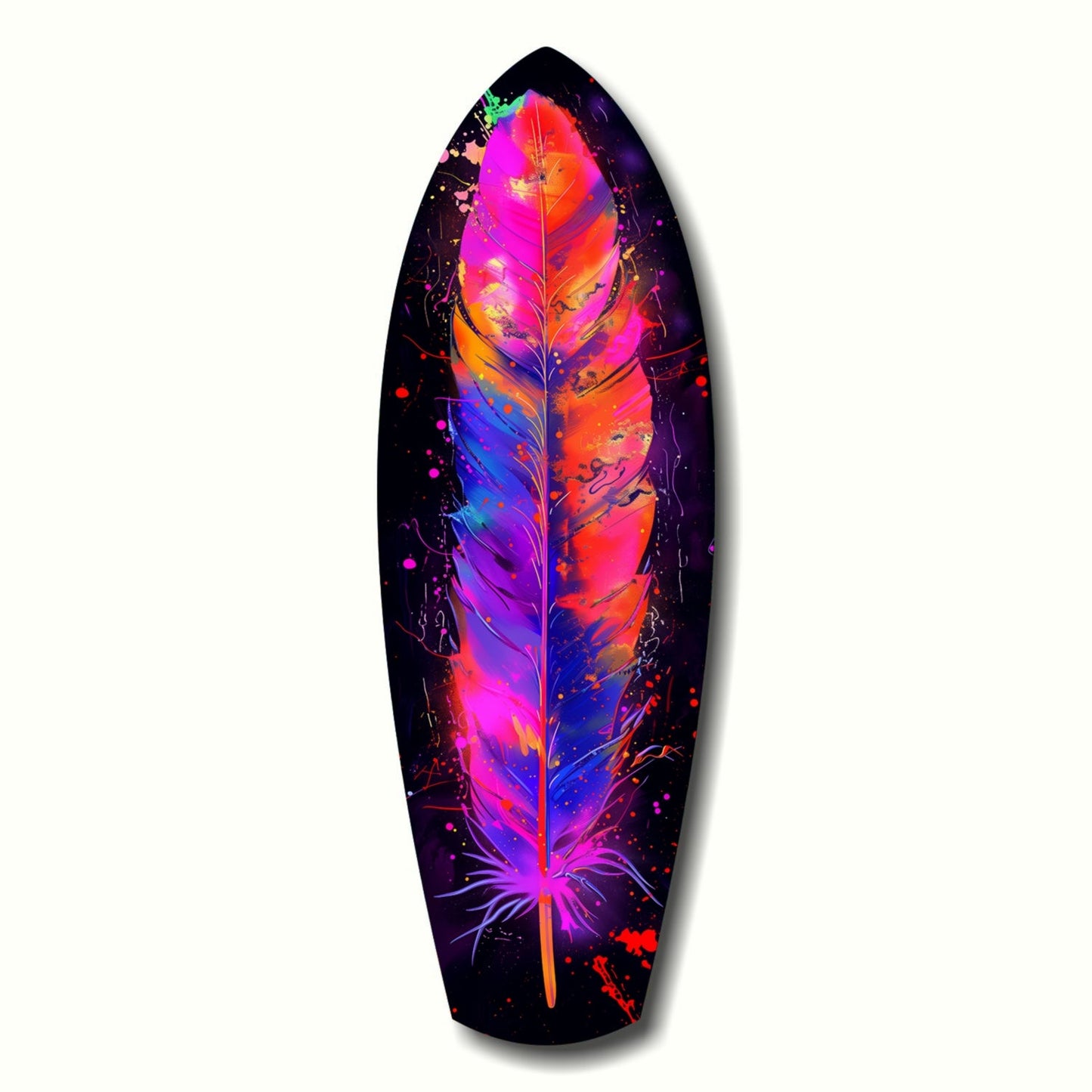 Neon feather glass wall art on black background displaying vibrant pink, blue, orange, and purple gradient colors with glowing splatter effects.