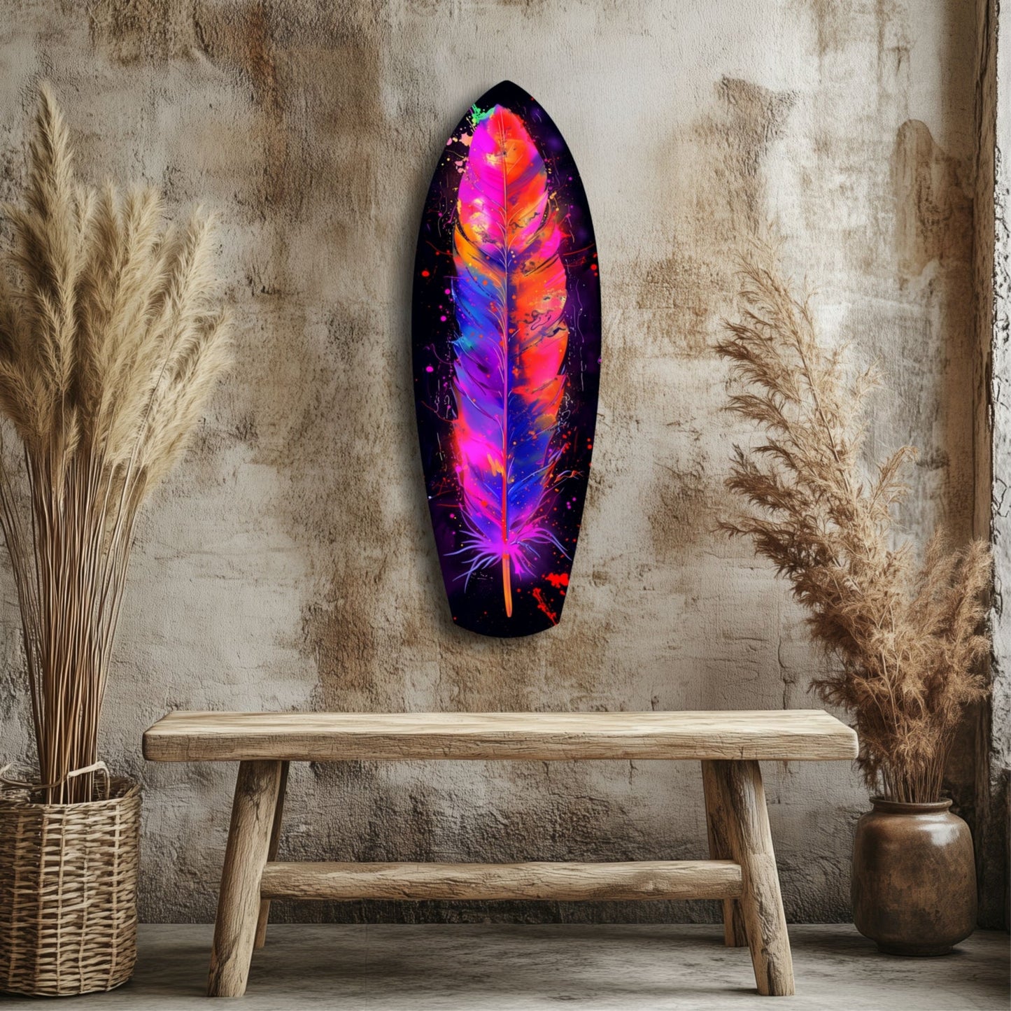 Neon feather glass wall art in magenta, orange, and blue displayed above a wooden bench against a textured beige wall with dried grasses.