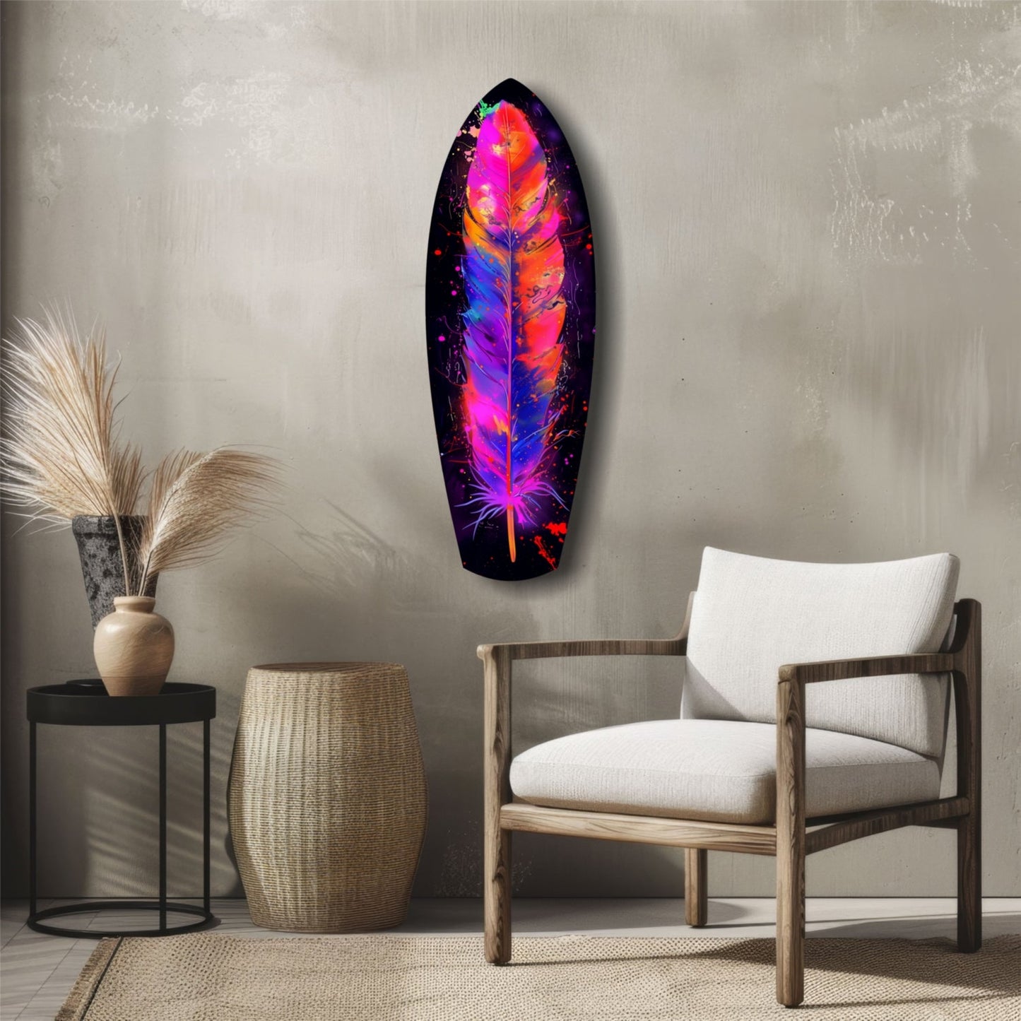 Colorful feather glass wall art with vibrant neon pink, orange, purple, and blue hues displayed above a wooden chair in a minimalist room setting.