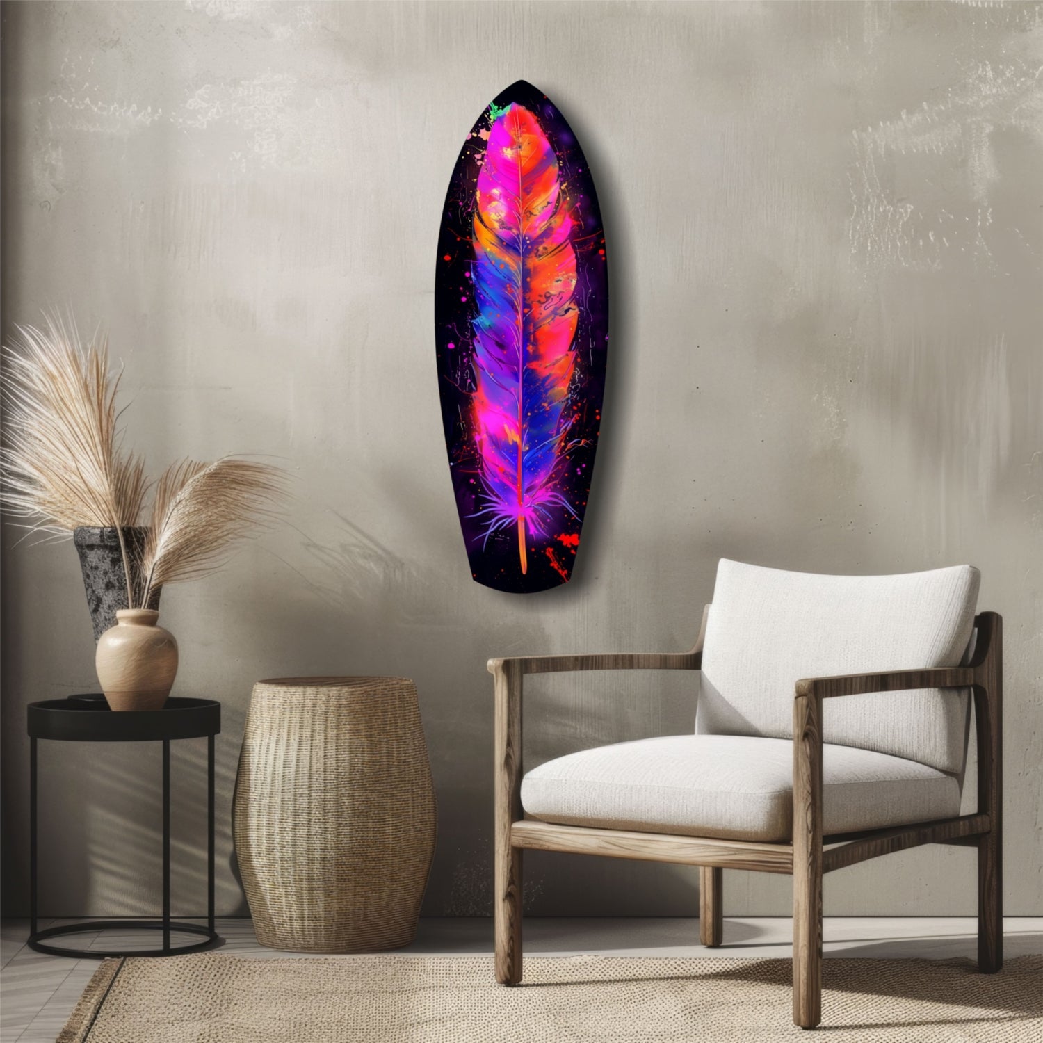 Colorful feather glass wall art with vibrant neon pink, orange, purple, and blue hues displayed above a wooden chair in a minimalist room setting.