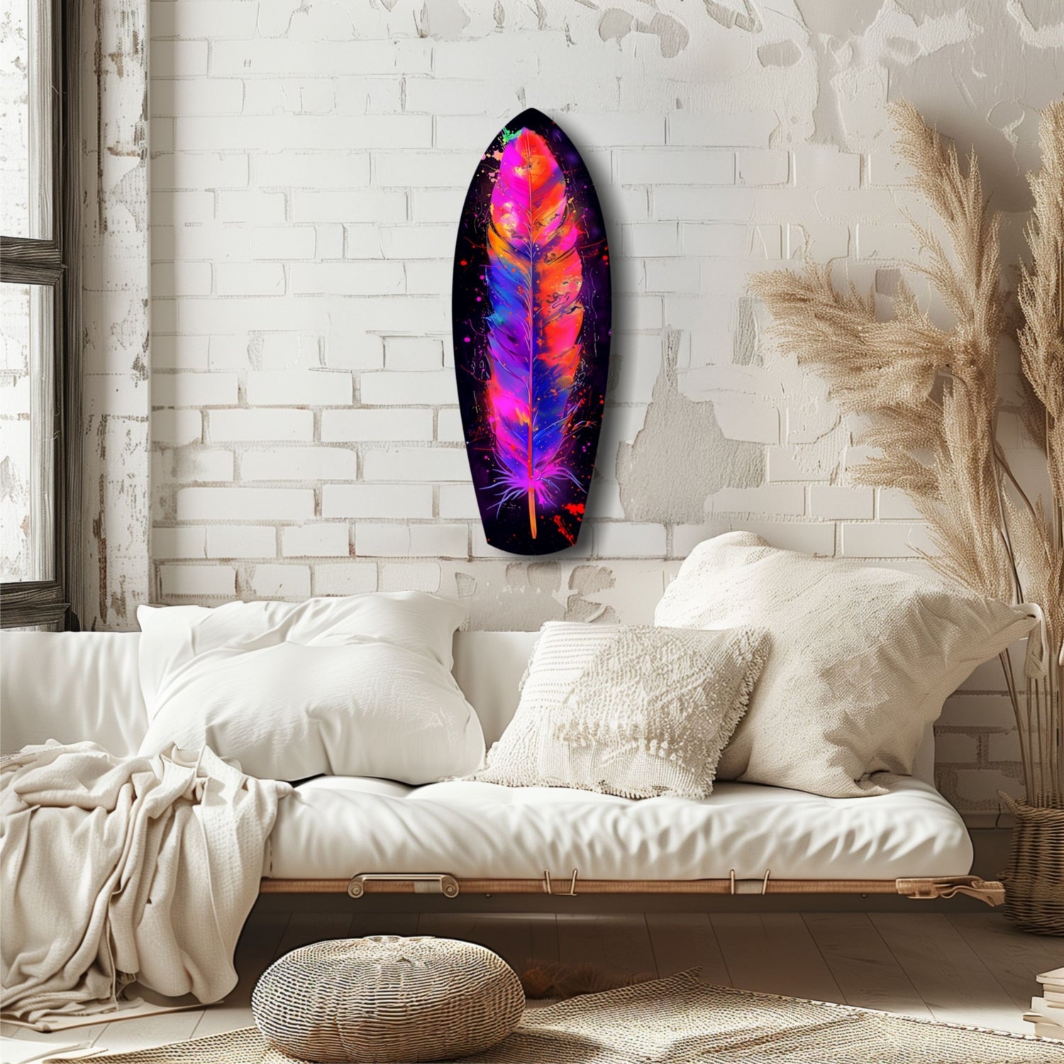 Vibrant neon feather glass wall art with pink, orange, blue, and purple colors displayed above a cream bedside in a minimalist bedroom.