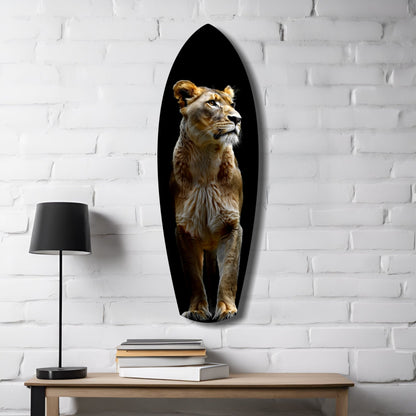 Standing Lioness Golden Portrait Glass Wall Art