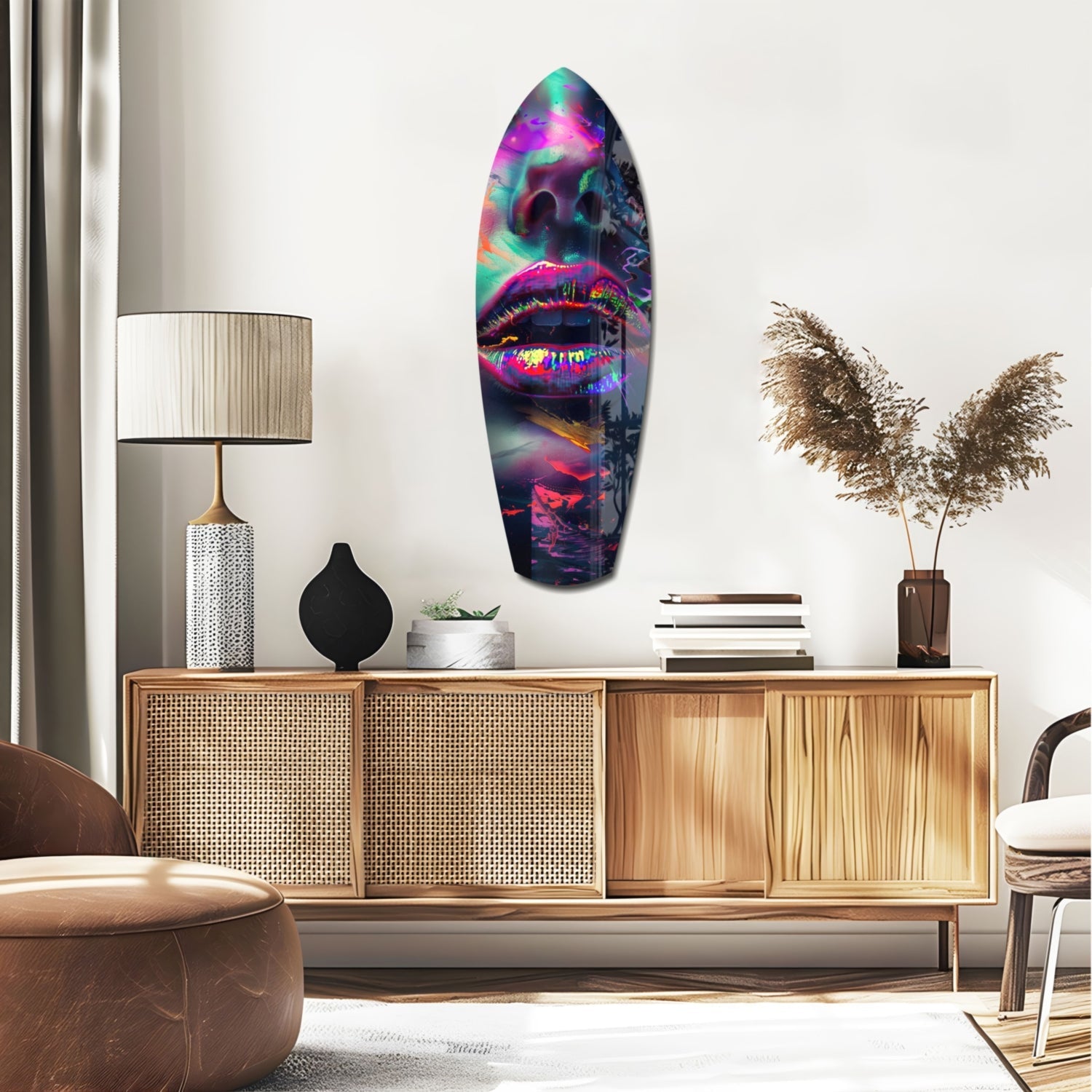Colorful Lips V1 glass wall art displaying vibrant neon pink, blue, and green tones, mounted above a wooden mid-century modern credenza in a contemporary living room setting.