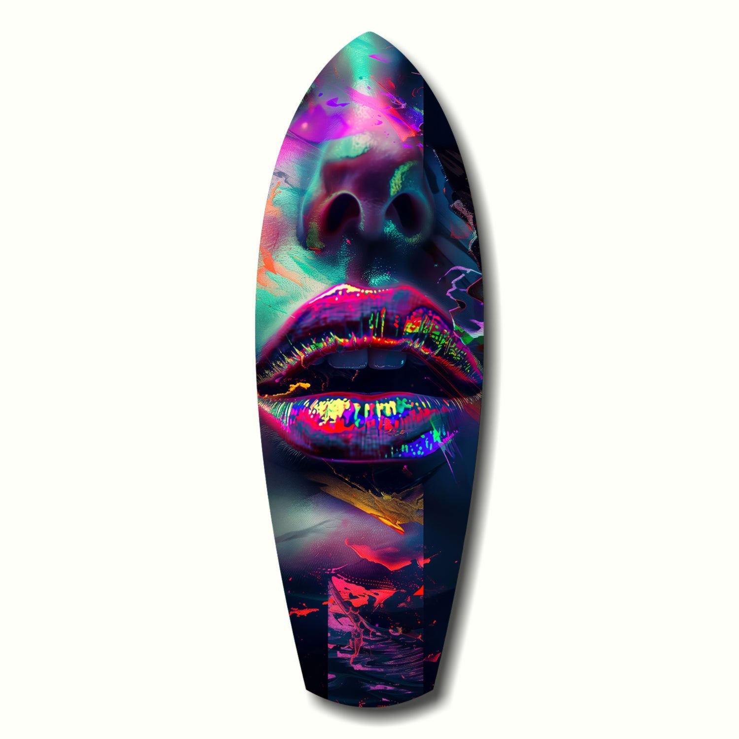 Vertical surfboard-shaped glass art featuring vibrant neon lips in magenta, cyan, and yellow with colorful abstract patterns throughout on dark background.