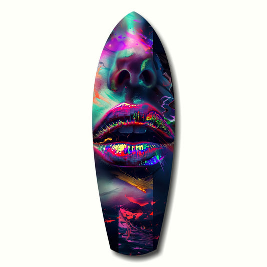Vertical surfboard-shaped glass art featuring vibrant neon lips in magenta, cyan, and yellow with colorful abstract patterns throughout on dark background.