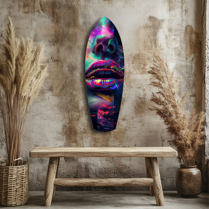 Vibrant neon lips glass art displayed on textured wall above wooden bench with dried pampas grass.