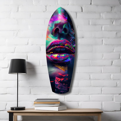 Colorful Lips V1 glass wall art hanging on white brick wall above wooden table with lamp and books, displaying vibrant neon pink, purple, cyan and orange tones.