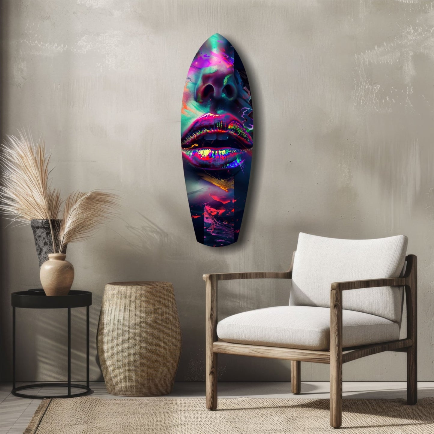 Vibrant neon lips and eyes glass art hung on neutral wall above wooden chair and side table.