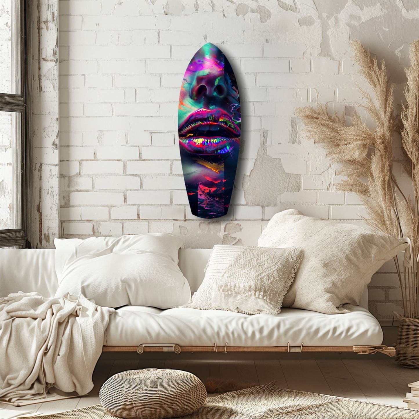 Colorful Lips V1 glass wall art hanging above a cream sofa in a minimalist bedroom with white brick walls and dried pampas grass.