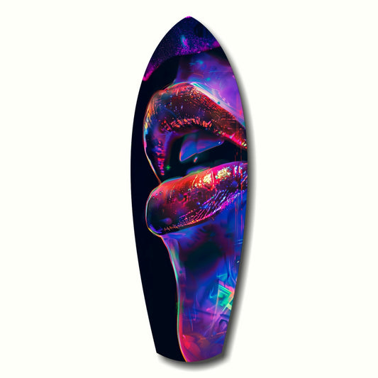 Neon-lit glass wall art featuring vibrant red, blue, and purple lips with glowing circuit-like patterns on dark background.