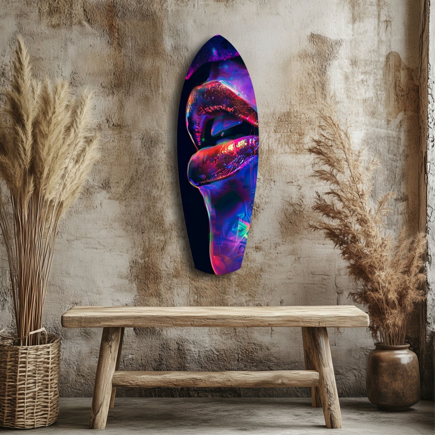 Vibrant neon lips glass art in purple, blue, and red tones mounted on distressed wall above wooden bench.