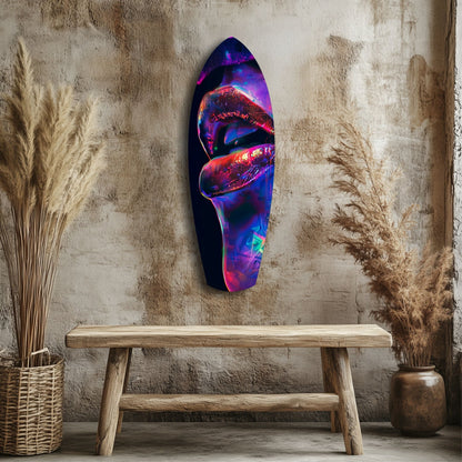Vibrant neon lips glass art in purple, blue, and red tones mounted on distressed wall above wooden bench.