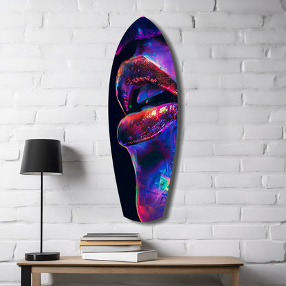 Neon-colored lips glass wall art in vibrant blues, pinks, and reds displayed on white brick wall above wooden desk with lamp and books.