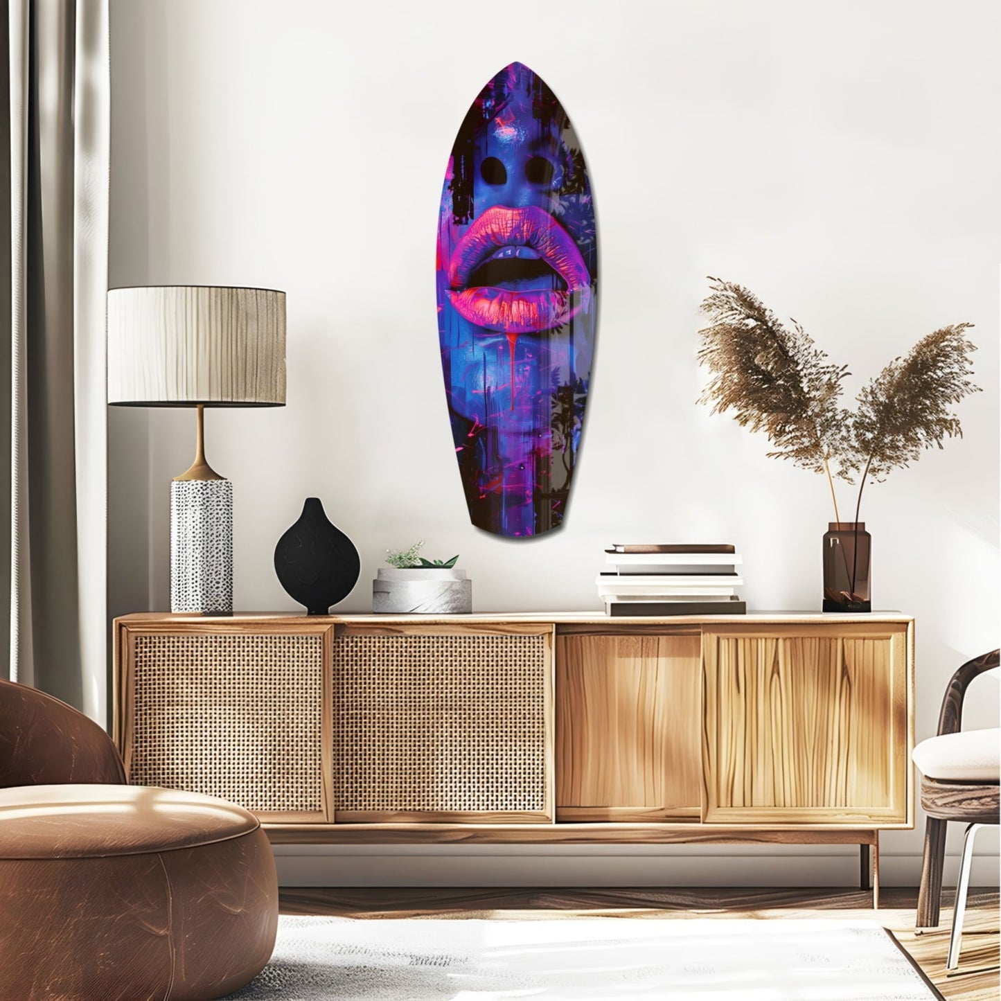 Colorful Lips V3 glass wall art with neon pink lips and blue-purple tones displayed above a wooden credenza in a modern living room.