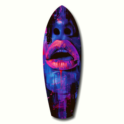 Neon pink lips with bold black eyes on vibrant blue and purple neon-lit cityscape glass art panel.
