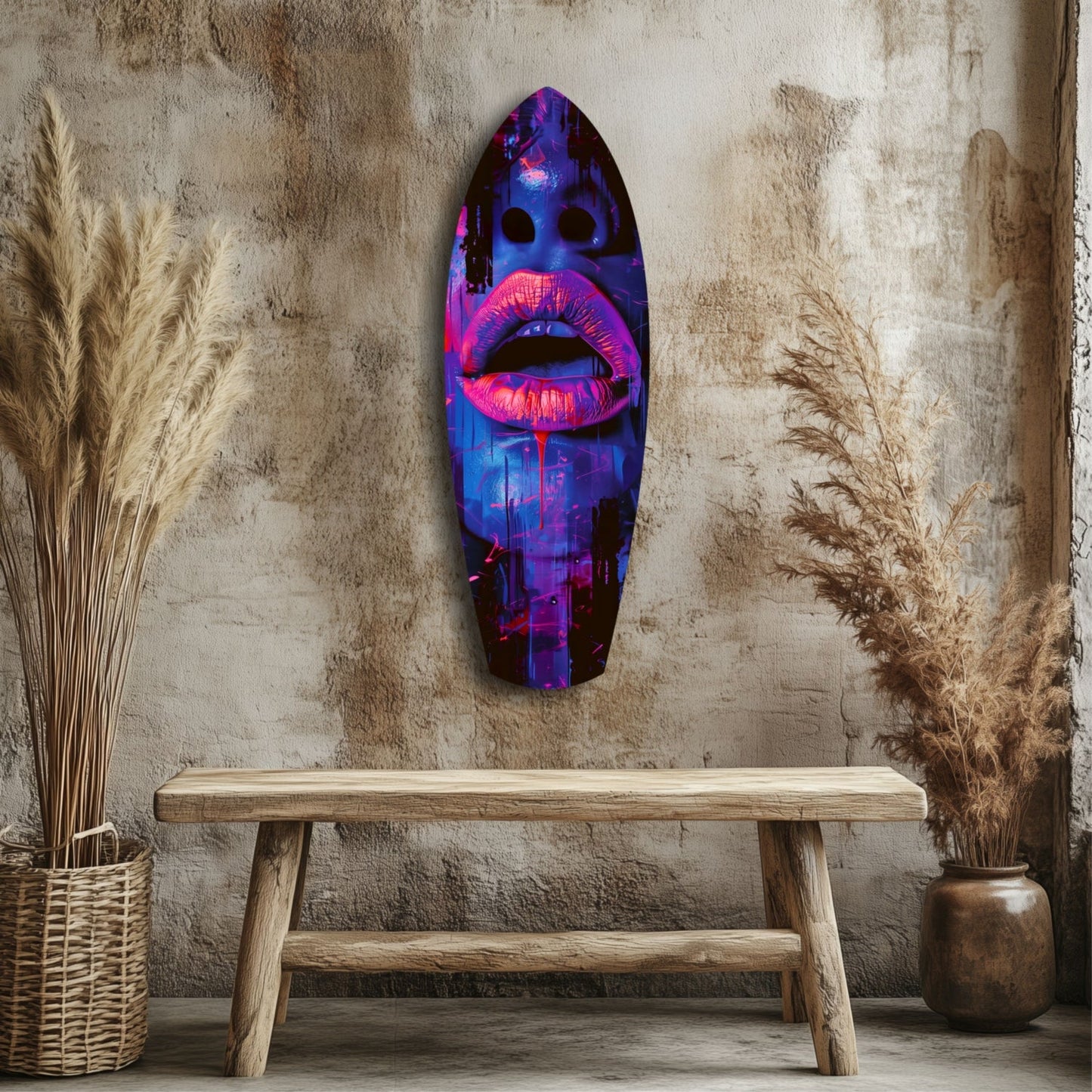 Neon lips glass art hanging above wooden bench against textured wall with dried flowers.