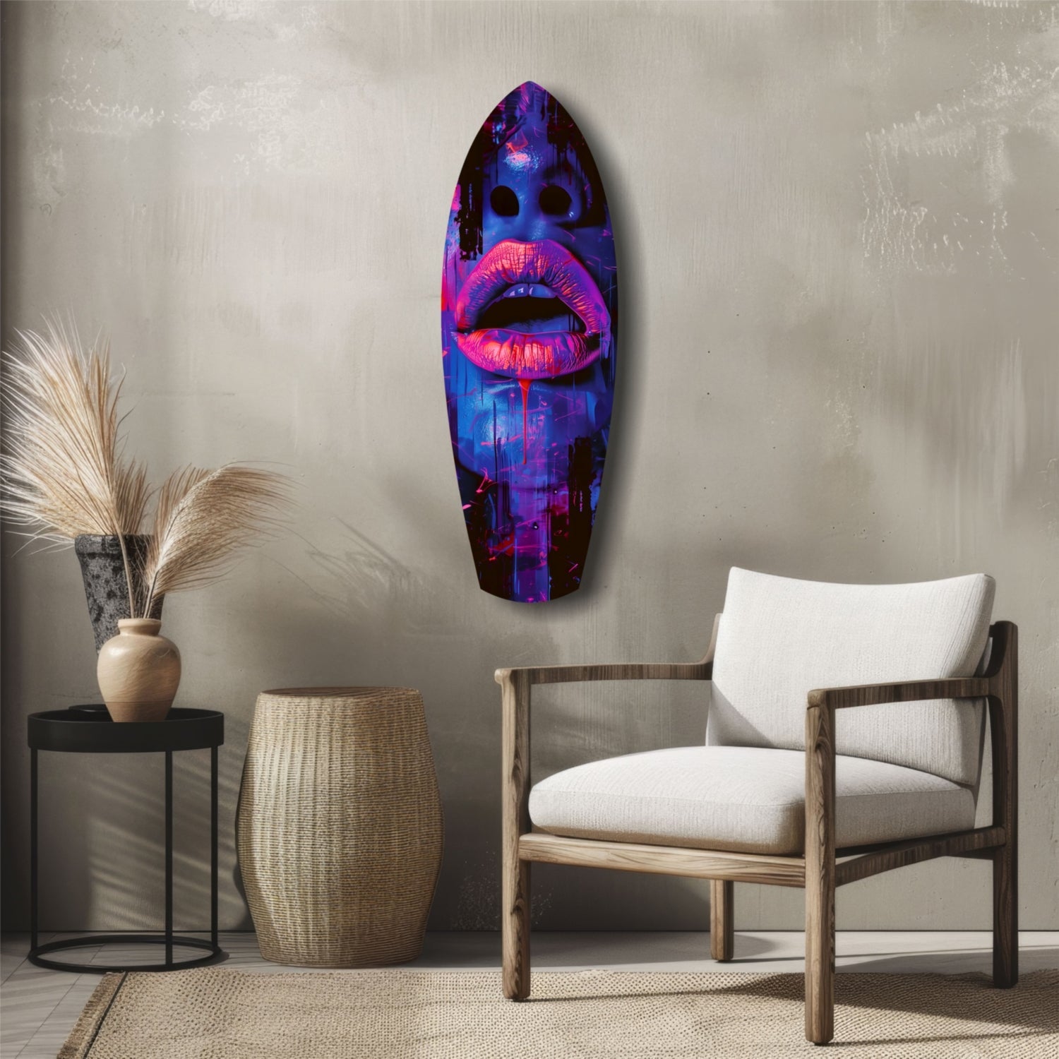 Neon pink and blue lips glass wall art displayed on white wall above wooden chair and woven basket in modern living room setting.