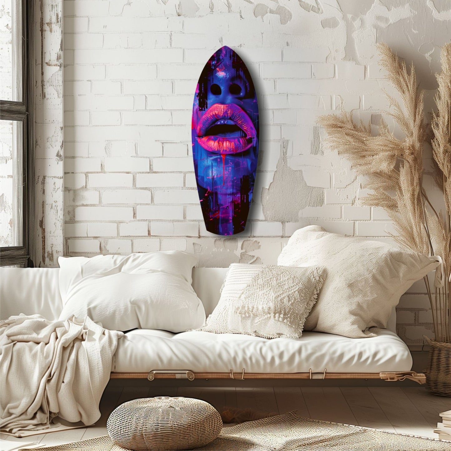 Vibrant neon pink and blue lips glass art hanging on white brick wall above cream bedding.