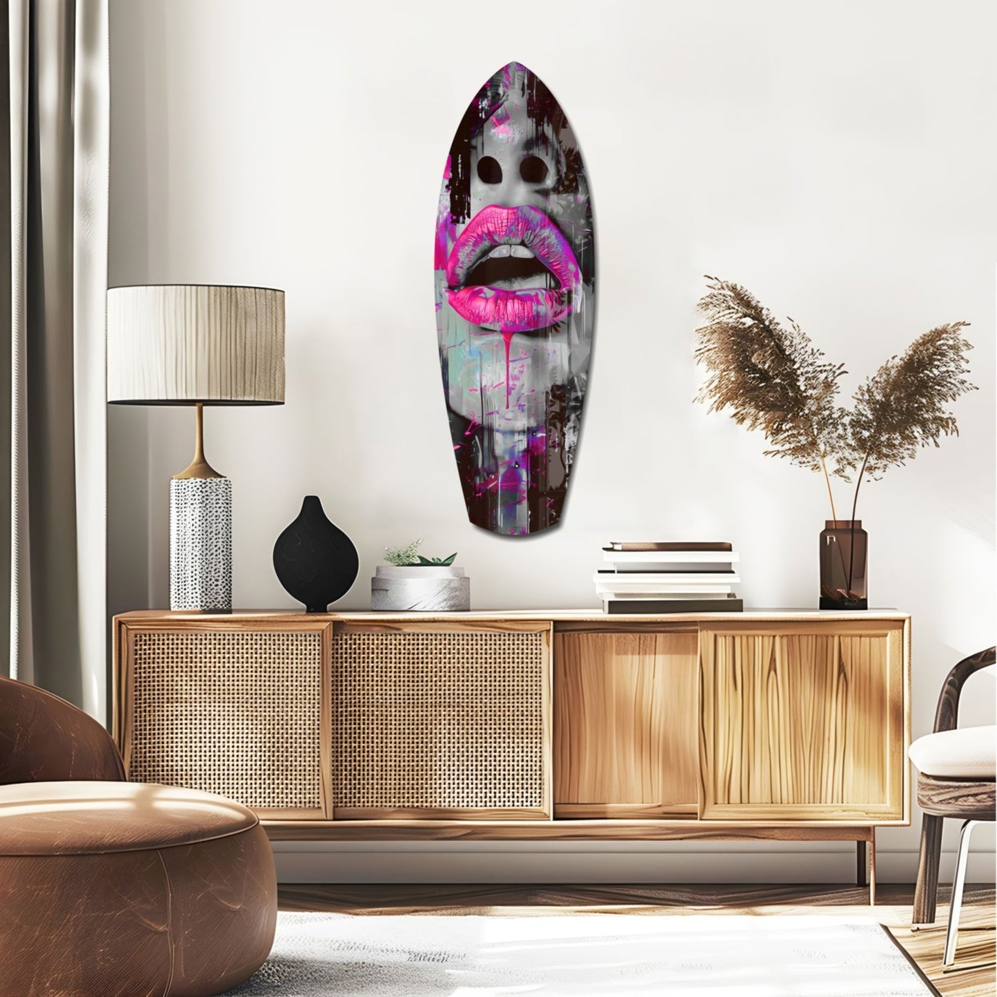 Colorful Lips V4 glass wall art displayed on white wall above wooden credenza in modern living room setting.