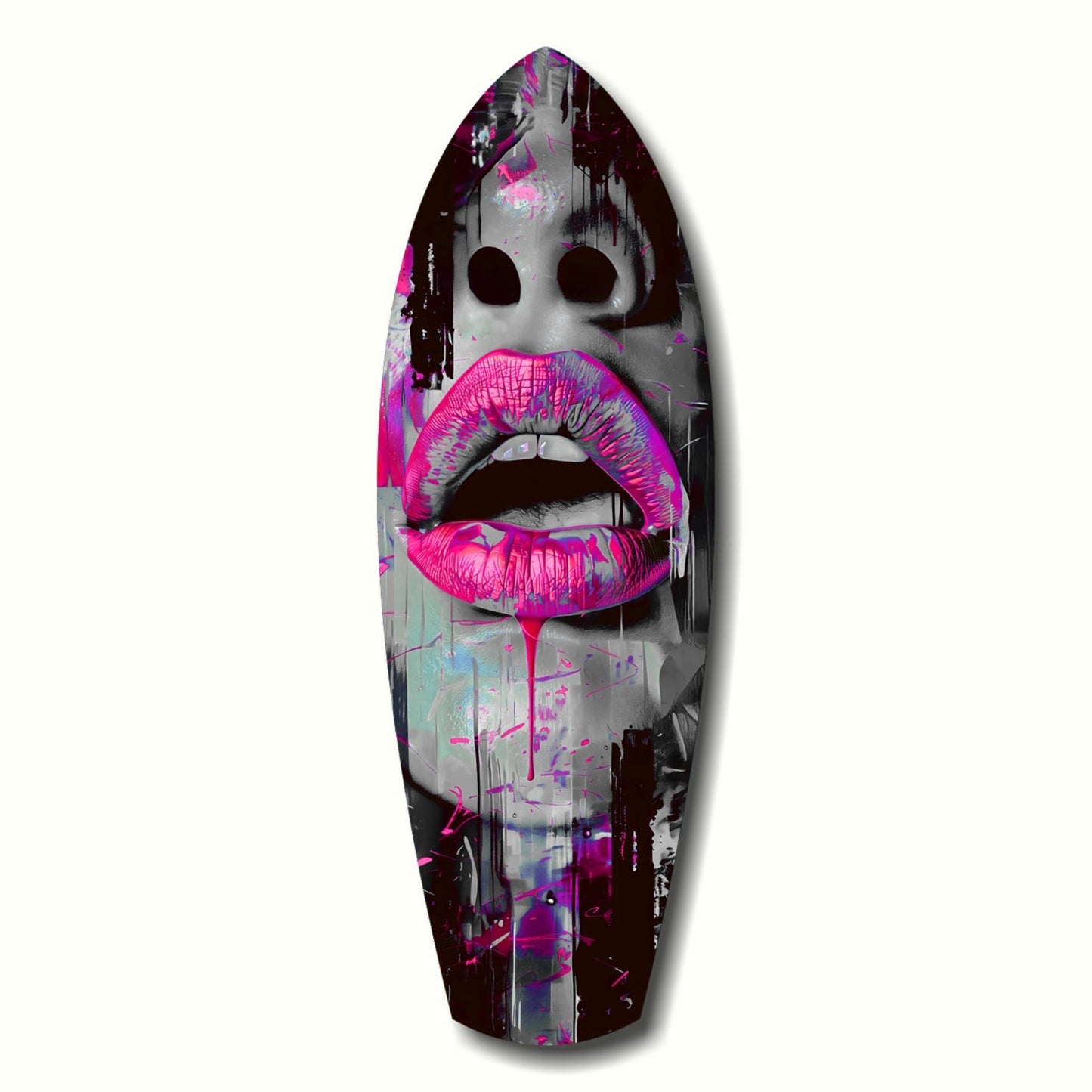 Surfboard-shaped glass art featuring a stylized face with large dark eyes and vibrant hot pink lips against a grayscale photographic background with purple and magenta accents.