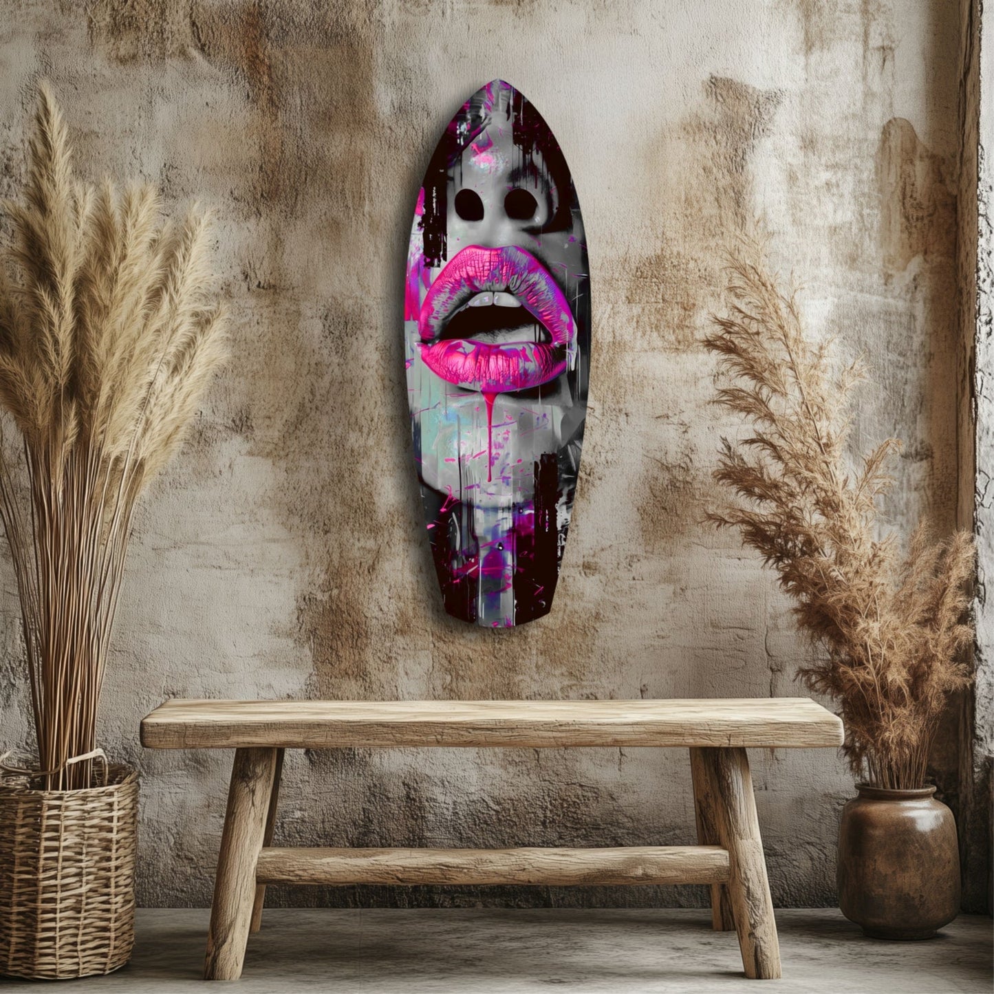 Colorful Lips V4 glass wall art with bright pink lips and dark background displayed above wooden bench in minimalist interior setting.