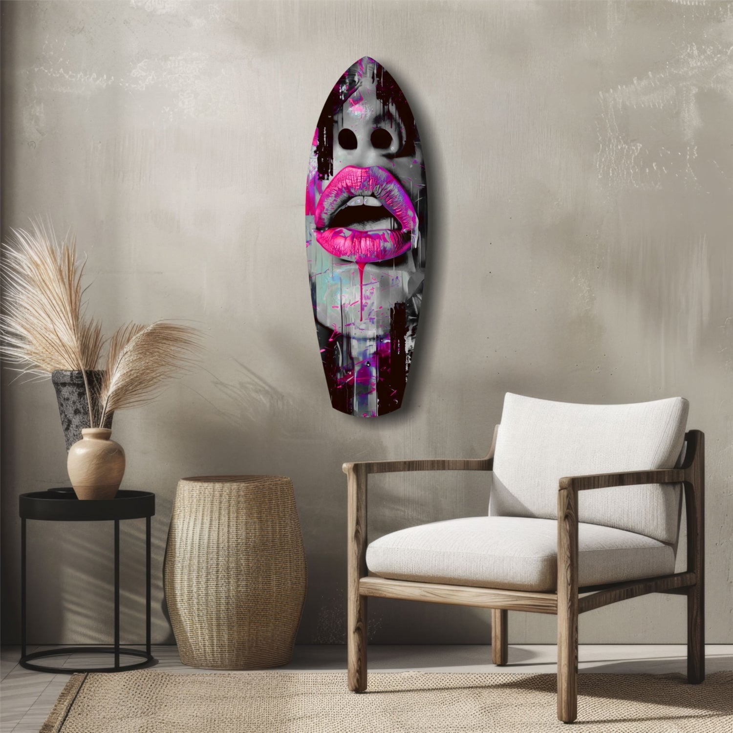 Modern living room with wooden chair and side table displaying vibrant pink lips glass wall art on neutral wall.