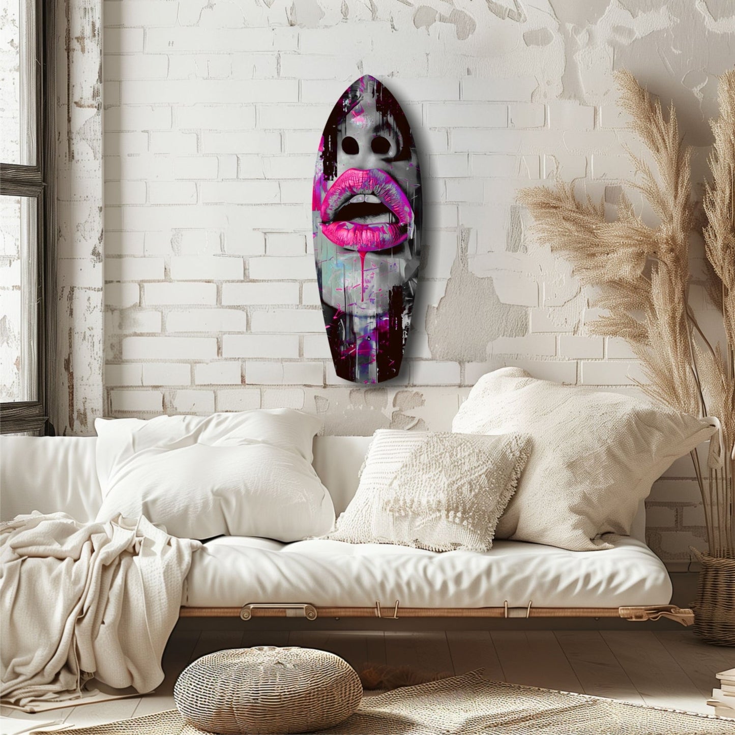Colorful Lips V4 glass wall art mounted above a white bed in a minimalist bedroom with cream brick walls and pampas grass decor.
