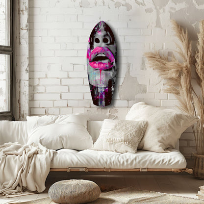 Colorful Lips V4 glass wall art mounted above a white bed in a minimalist bedroom with cream brick walls and pampas grass decor.