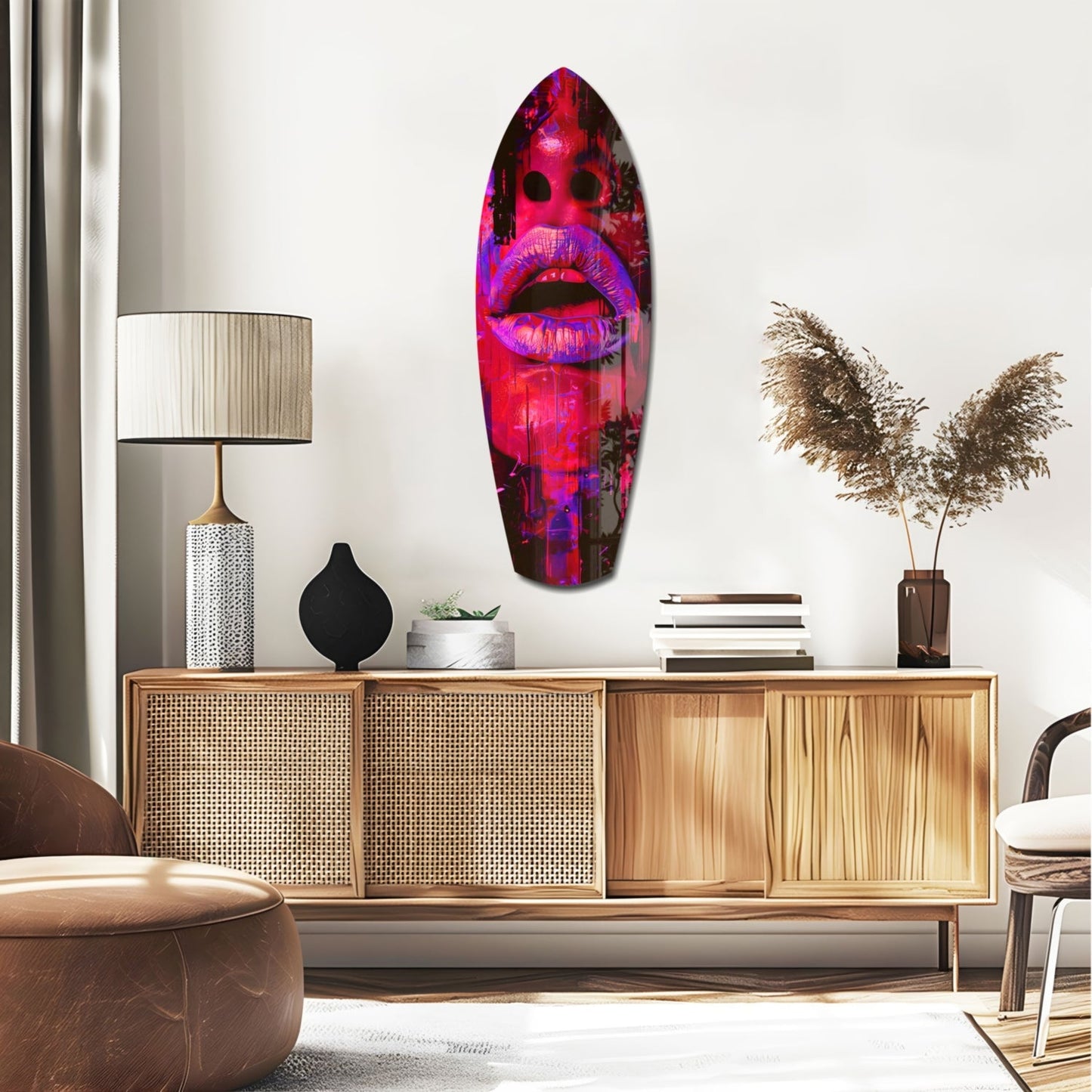 Vibrant pink and purple lips glass wall art displayed above wooden credenza in modern living room setting.