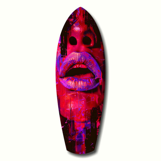 Vertical surfboard-shaped glass art featuring a stylized face with bold pink and purple lips against red and dark backgrounds.