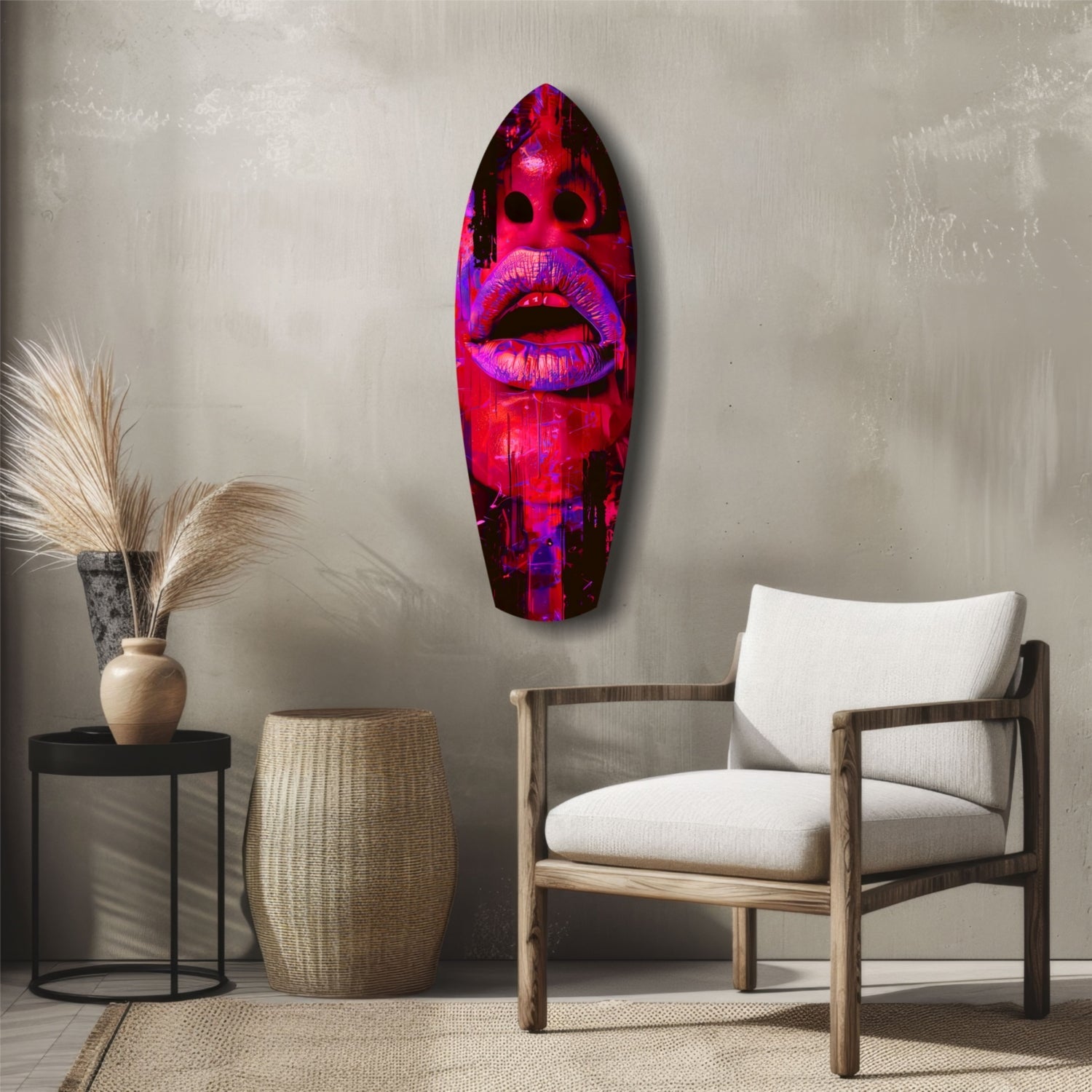 Vibrant pink and purple neon lips glass wall art displayed above wooden chair in minimalist interior setting.