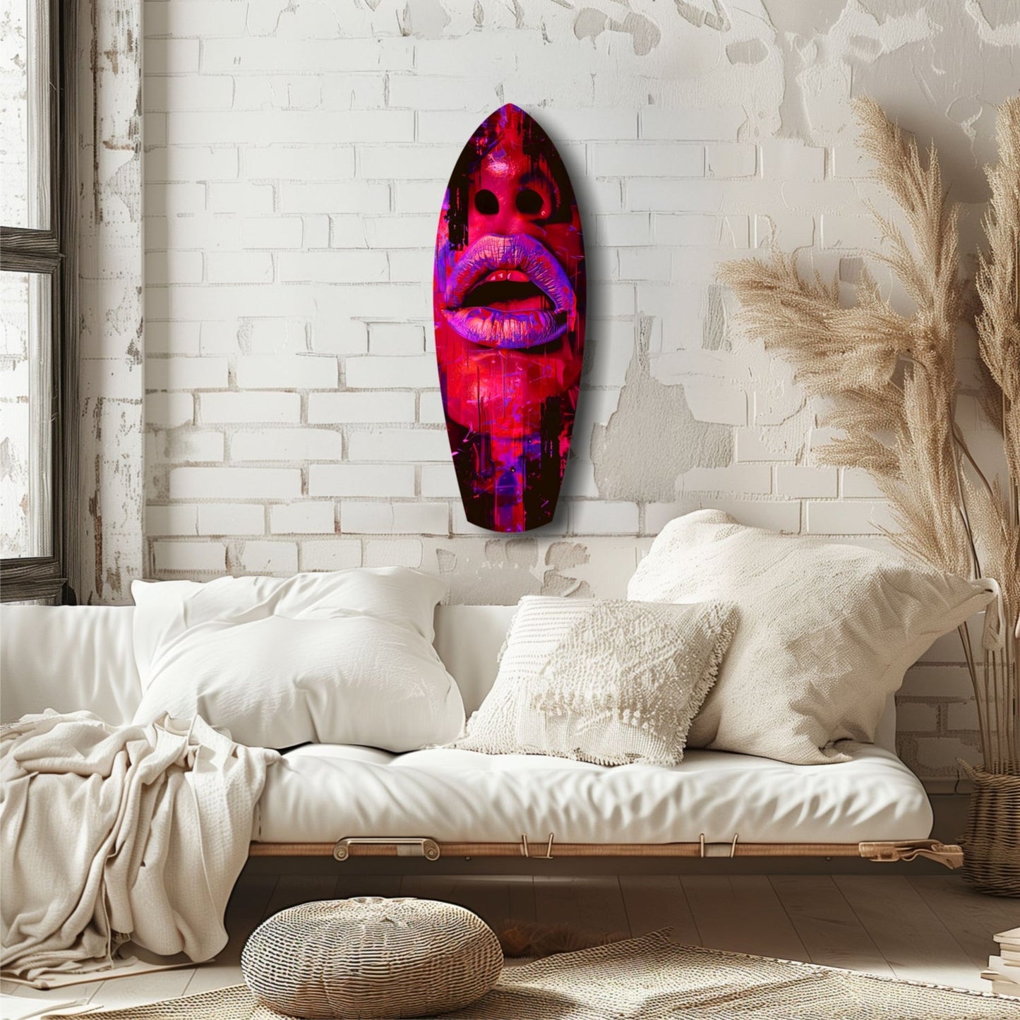 Vibrant red and pink lips glass wall art mounted above a cream-colored daybed with pillows and pampas grass decor.
