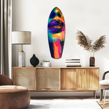 Colorful Lips V6 glass wall art with rainbow gradient and bold mouth design displayed above wooden mid-century credenza in modern living room.