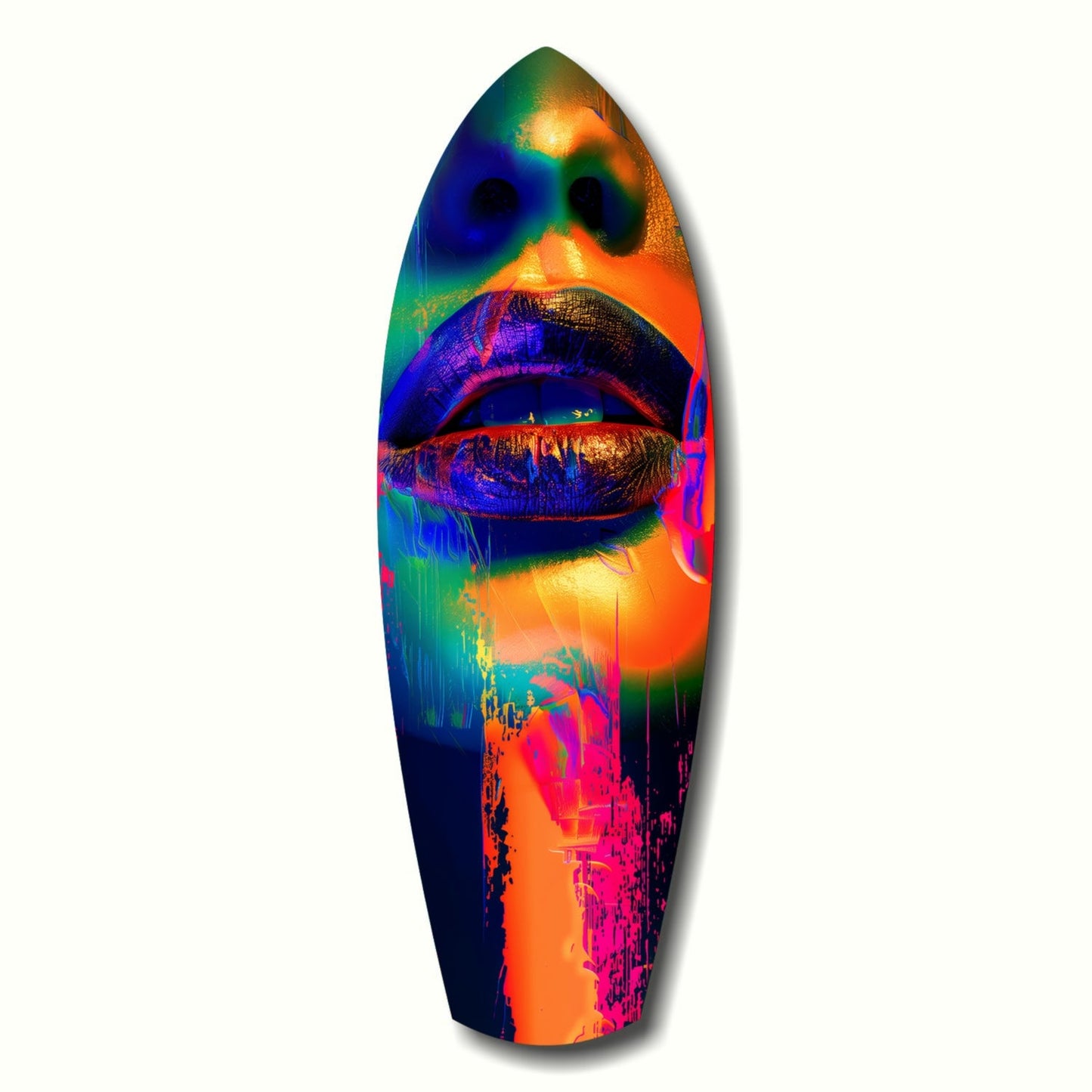 Vibrant surfboard-shaped glass art displaying a stylized face with rainbow colors, prominent lips, and dripping paint effects against white background.