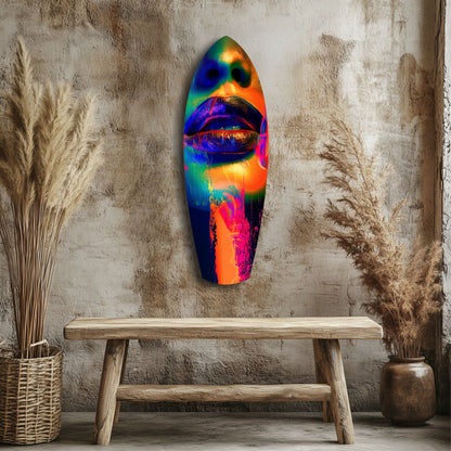 Colorful Lips V6 glass wall art hanging above wooden bench against textured wall, displaying vibrant rainbow and neon colors.