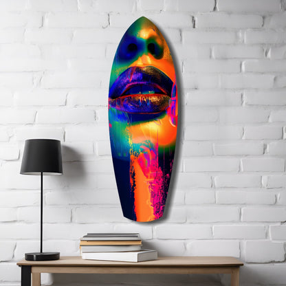 Colorful Lips V6 glass wall art in vibrant rainbow hues displayed on white brick wall above wooden table with lamp and books.