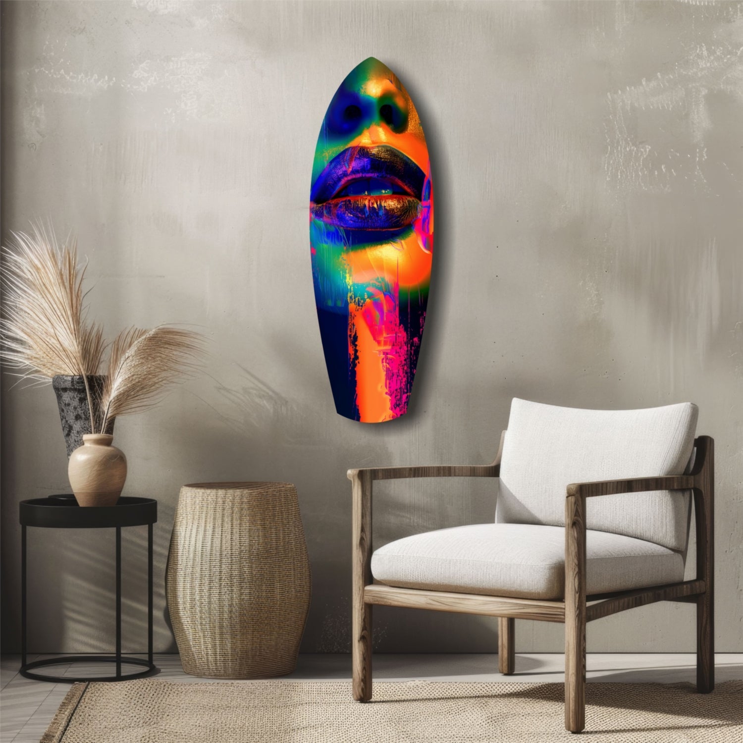 Colorful Lips V6 glass wall art displaying vibrant rainbow hues mounted above a wooden chair in a minimalist interior setting.