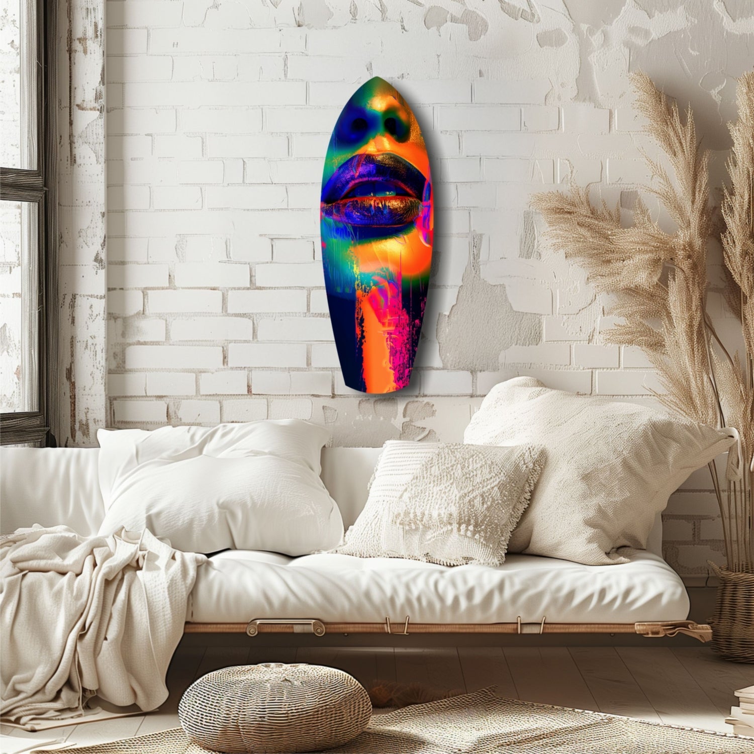 Vibrant rainbow glass wall art featuring colorful lips mounted above a white bedside with cream pillows and pampas grass.
