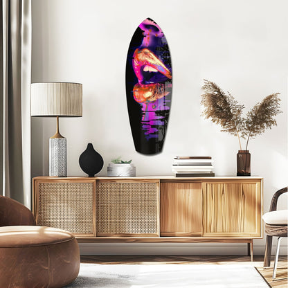 Vibrant neon lips glass wall art in purple, pink, and orange displayed above wooden mid-century modern credenza in contemporary living room.