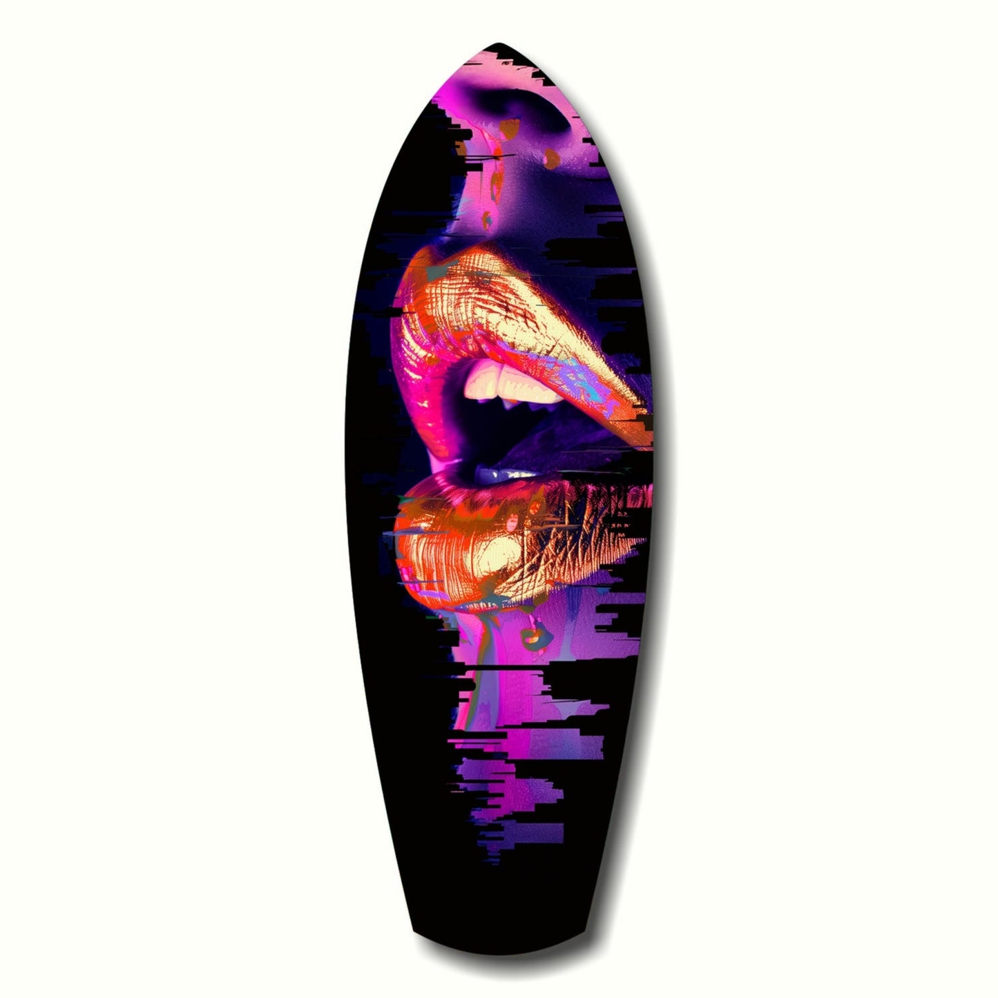 Black elongated glass art piece displaying neon pink, orange, and purple close-up lips with glitch-effect text overlay on dark background.
