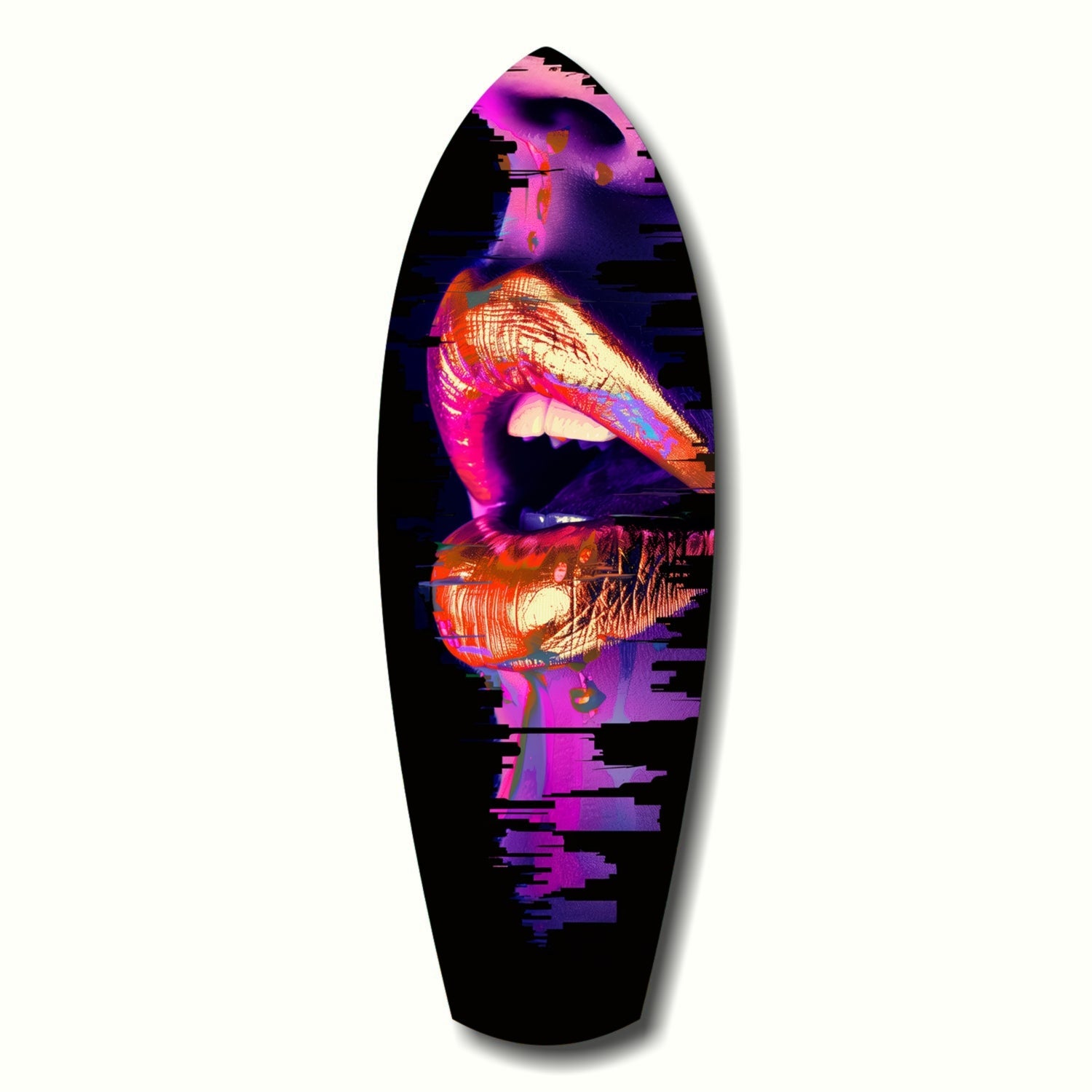 Black elongated glass art piece displaying neon pink, orange, and purple close-up lips with glitch-effect text overlay on dark background.