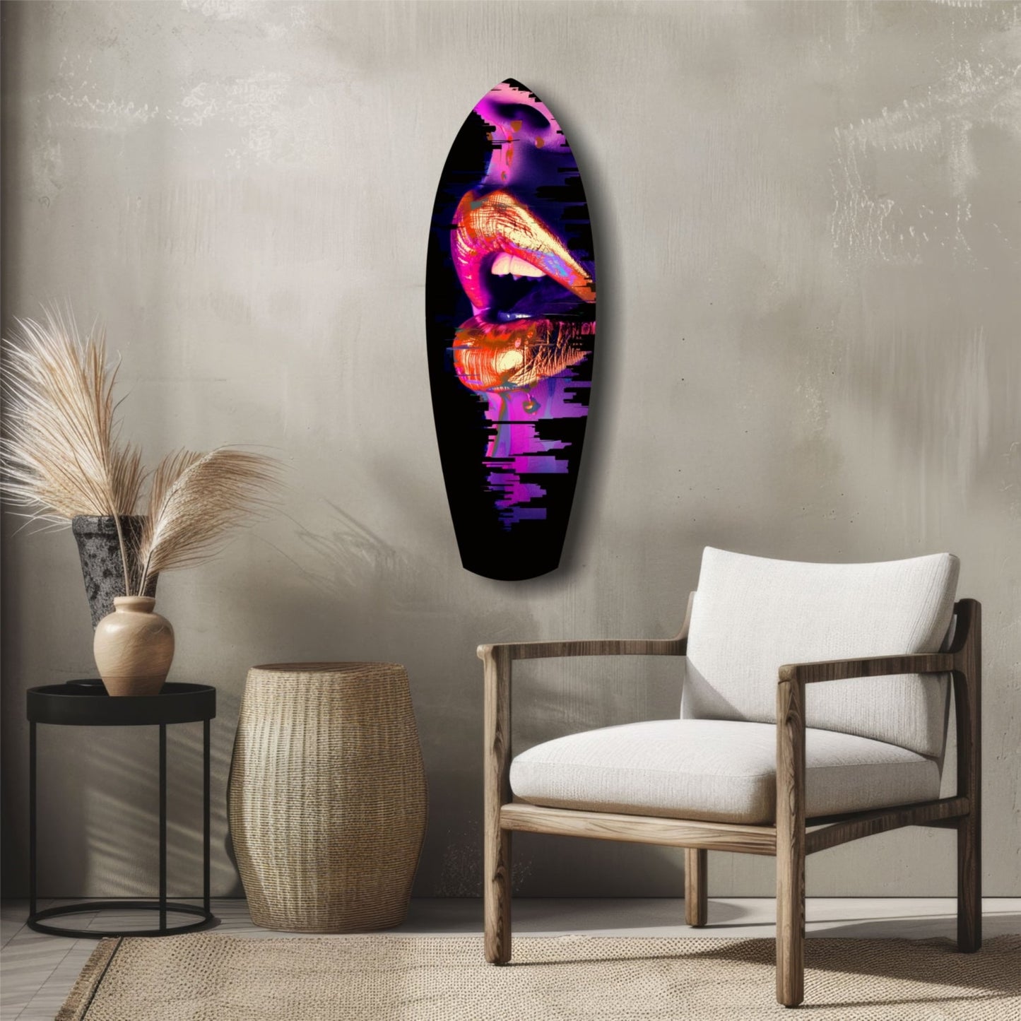 Neon-colored lips glass wall art displaying vibrant pink, purple, and orange tones mounted in modern living room setting.