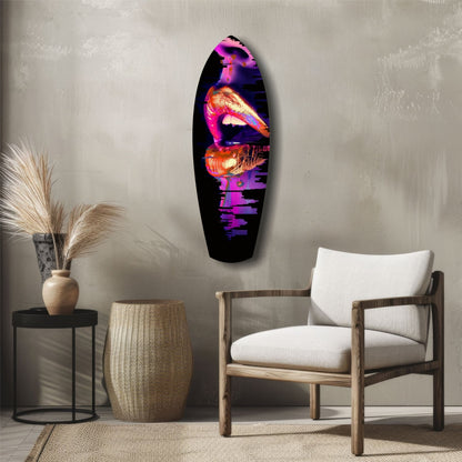 Neon-colored lips glass wall art displaying vibrant pink, purple, and orange tones mounted in modern living room setting.