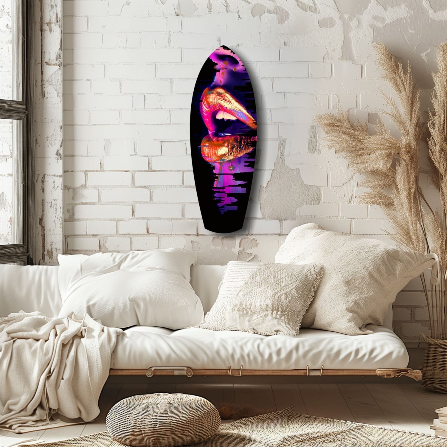 Colorful Lips V7 glass wall art with neon pink, purple, and orange lip design displayed above a cream-colored bed in a minimalist bedroom.