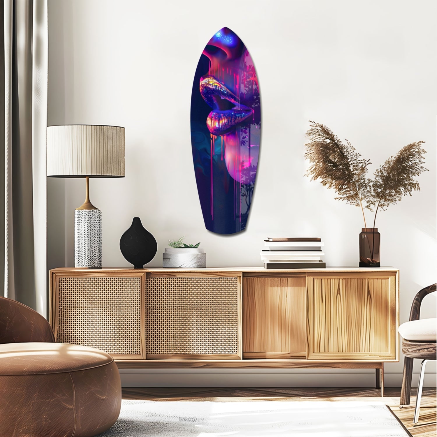 Vibrant neon lips glass wall art displayed above wooden credenza in modern living room setting with warm wood tones.