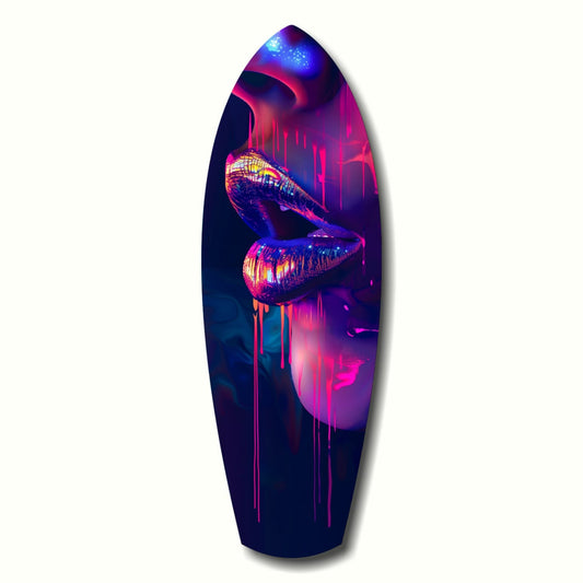 Surfboard-shaped glass art featuring neon-glowing lips in gold and pink against deep blue and magenta background with dripping effect.