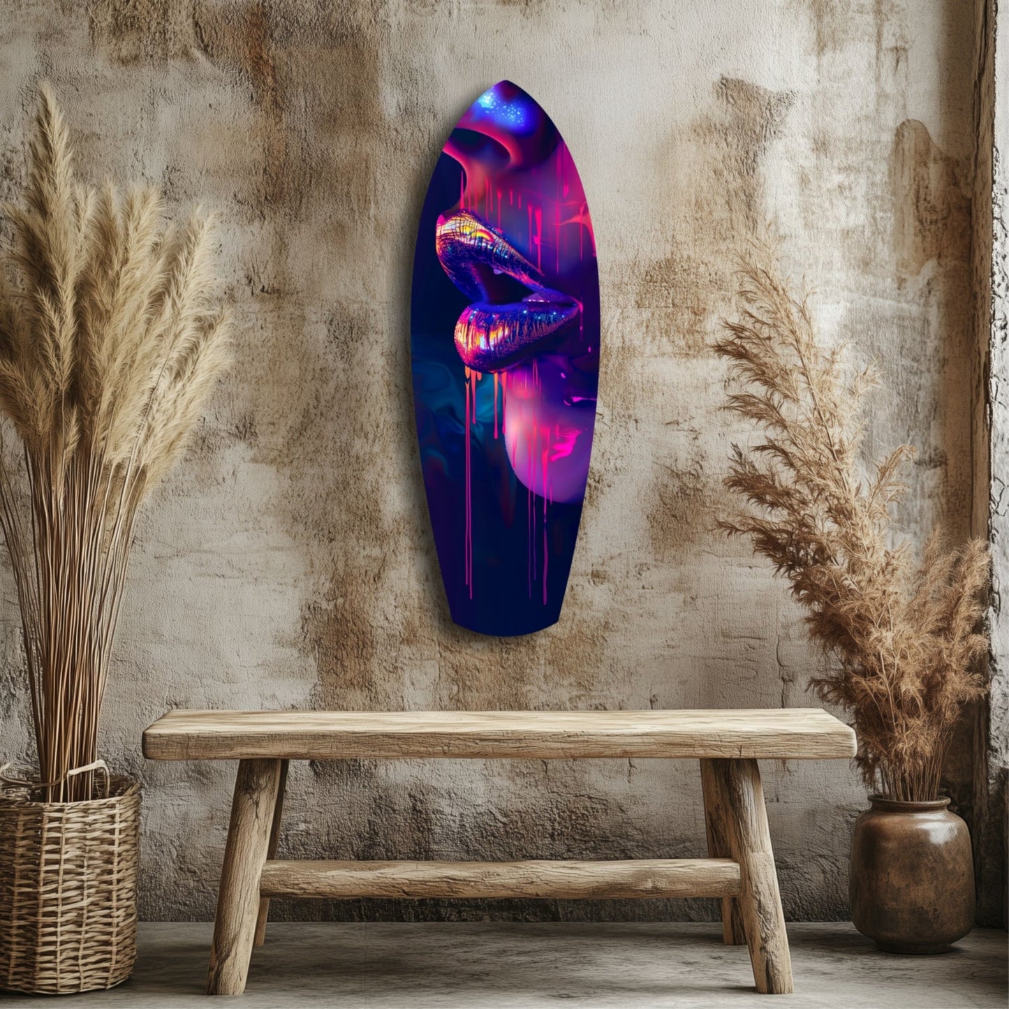 Neon pink and blue lips glass art displayed on weathered wall above wooden bench with dried pampas grass.
