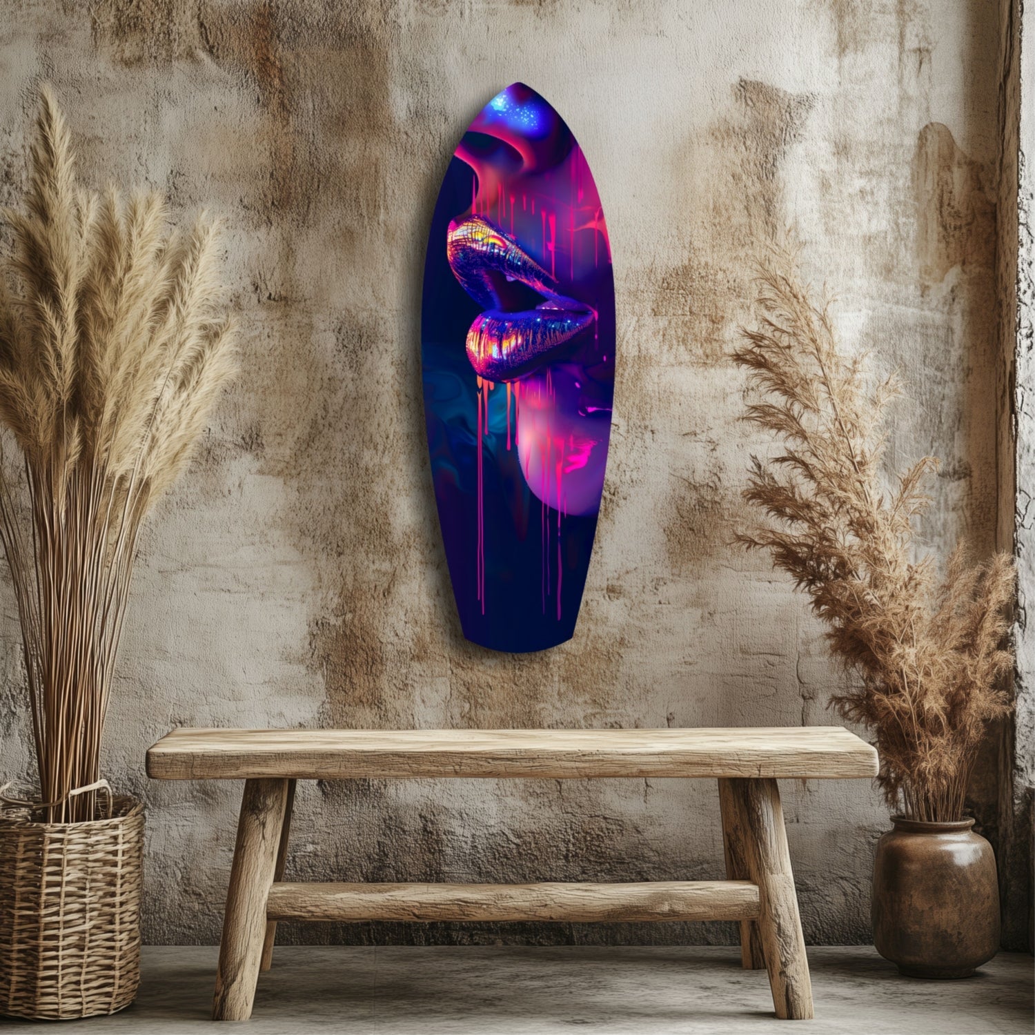 Neon pink and blue lips glass art displayed on weathered wall above wooden bench with dried pampas grass.